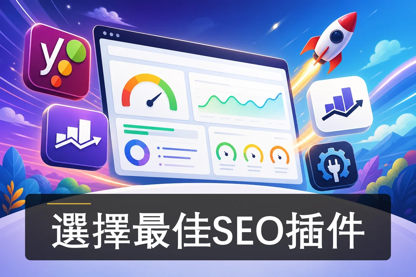 展示多款SEO插件標誌與網站性能儀表板的動態插圖,強調SEO排名提升的重要性