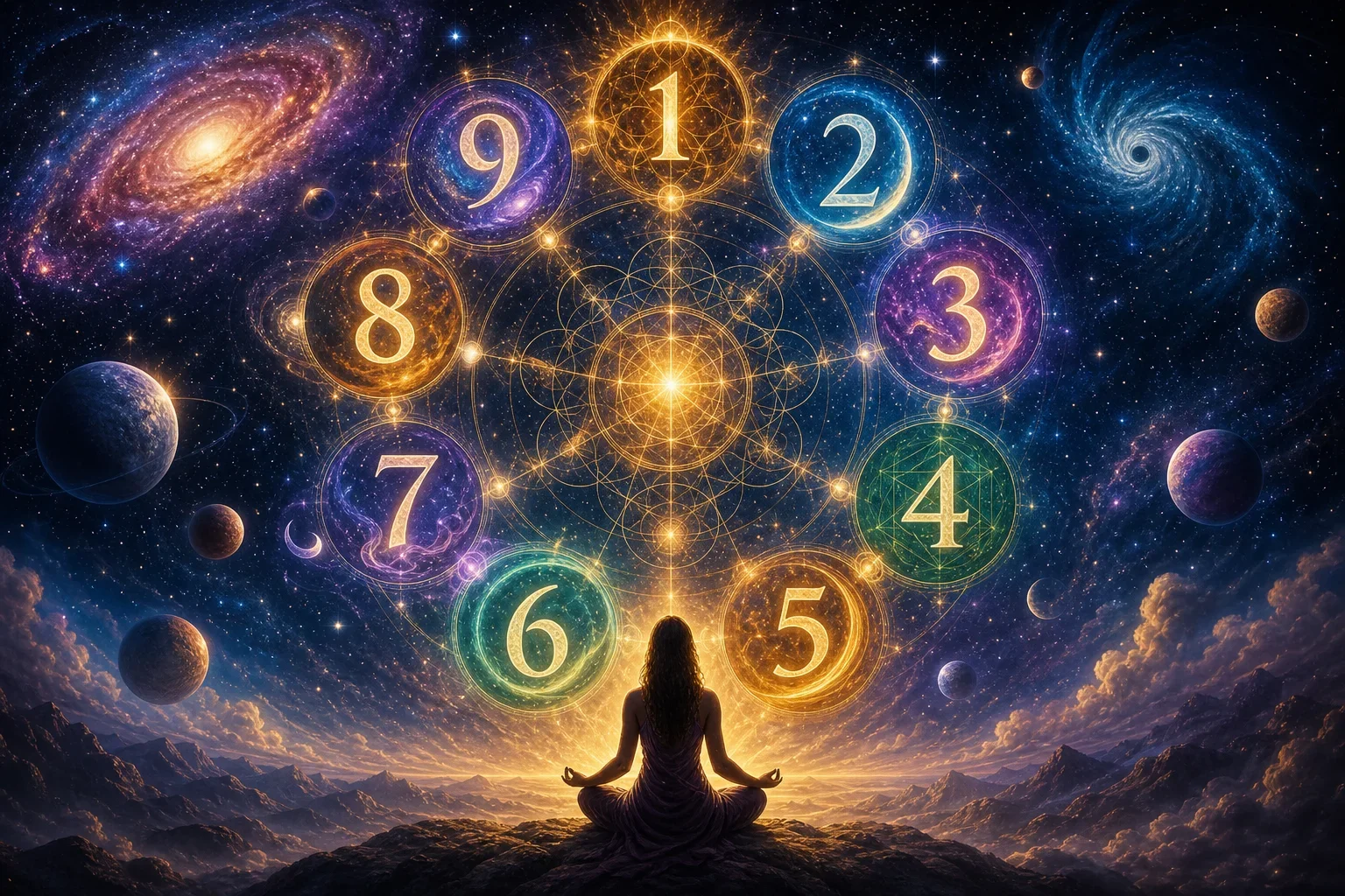 神秘背景中展示生命靈數從1到9的宇宙主題與星際符號