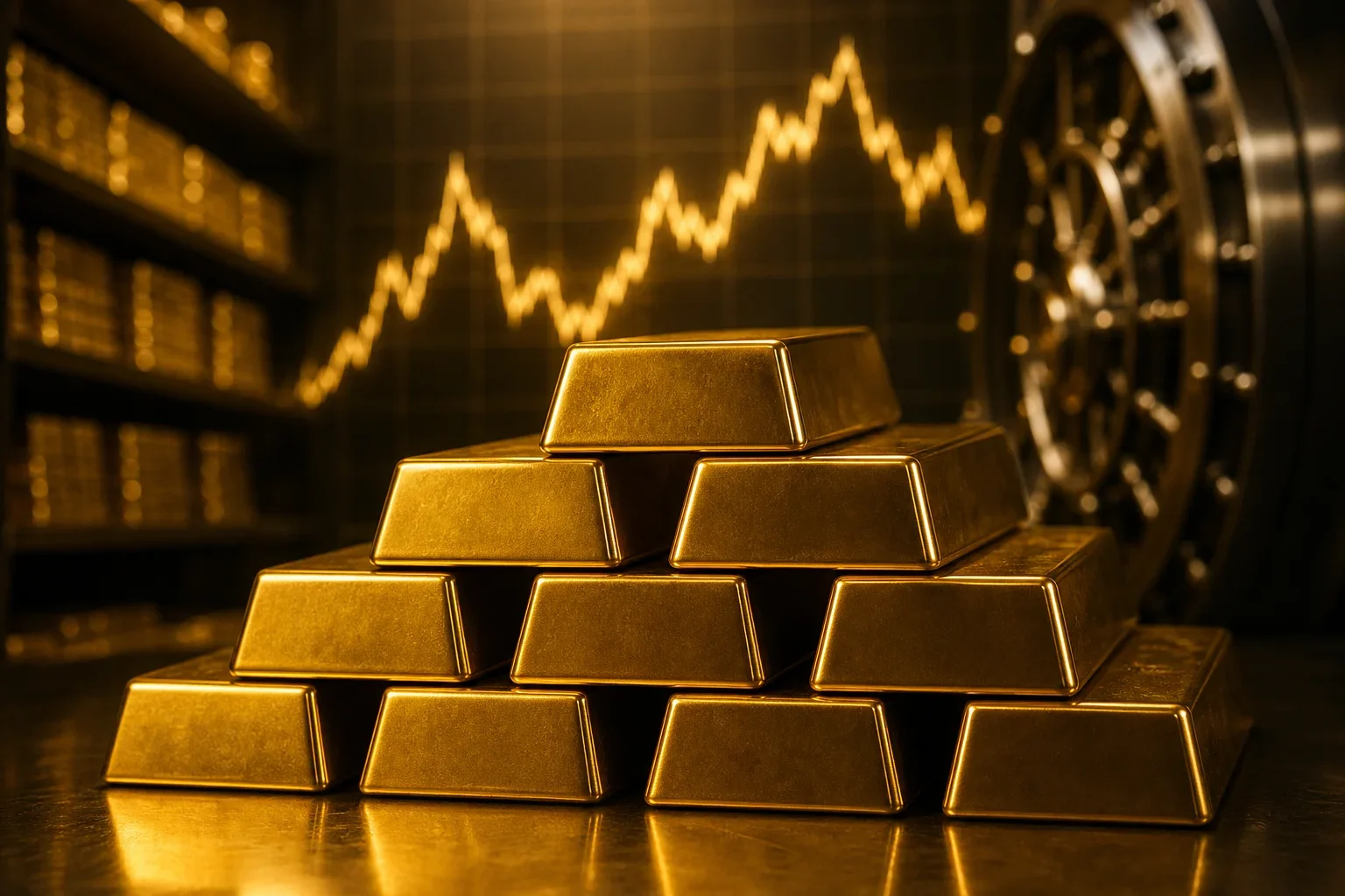 閃耀的黃金金條堆疊在安全金庫內顯示黃金金條投資回報潛力