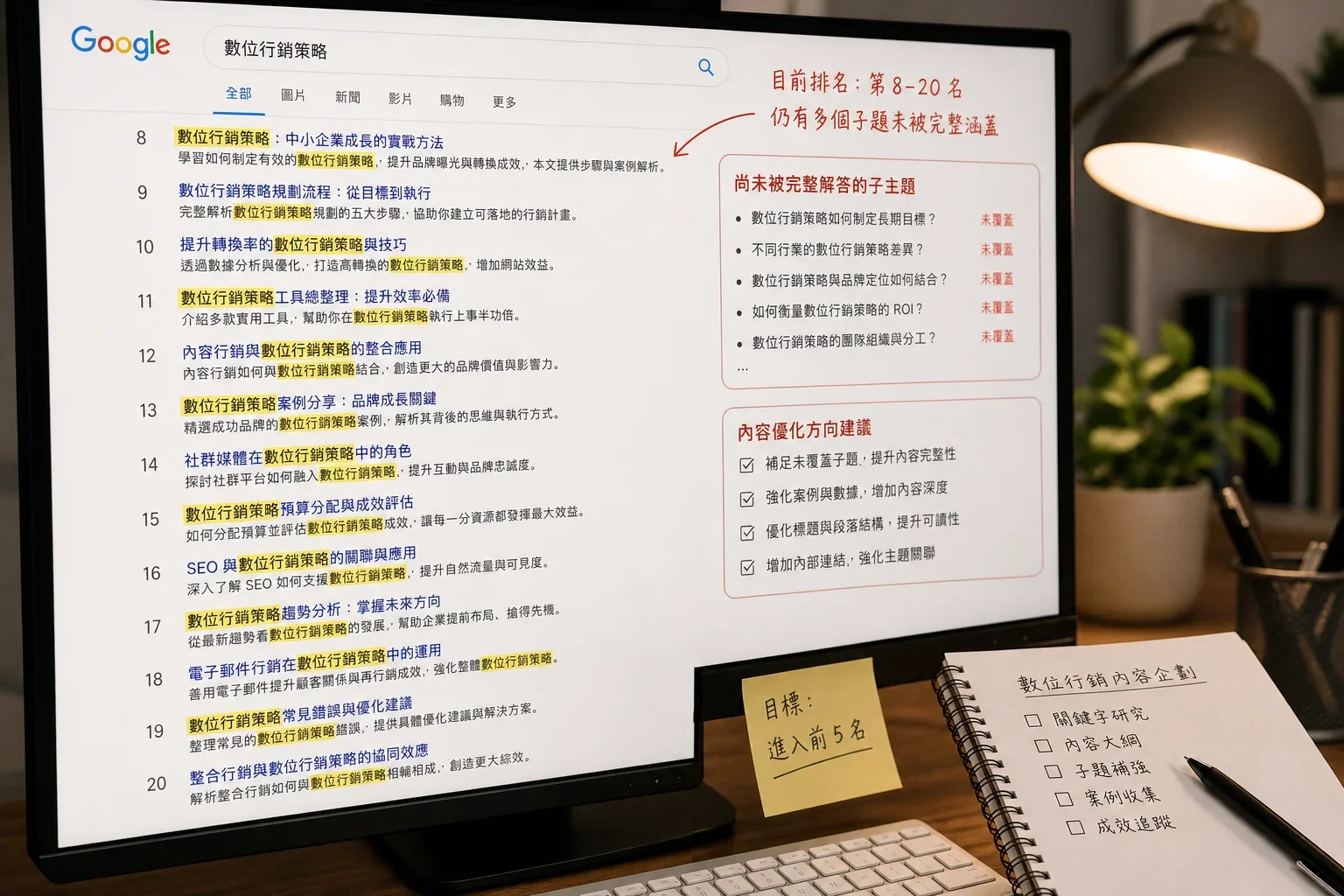 在家辦公環境中，電腦螢幕顯示Google搜尋結果，標示SEO寫作失誤的關鍵字與未解答的子題