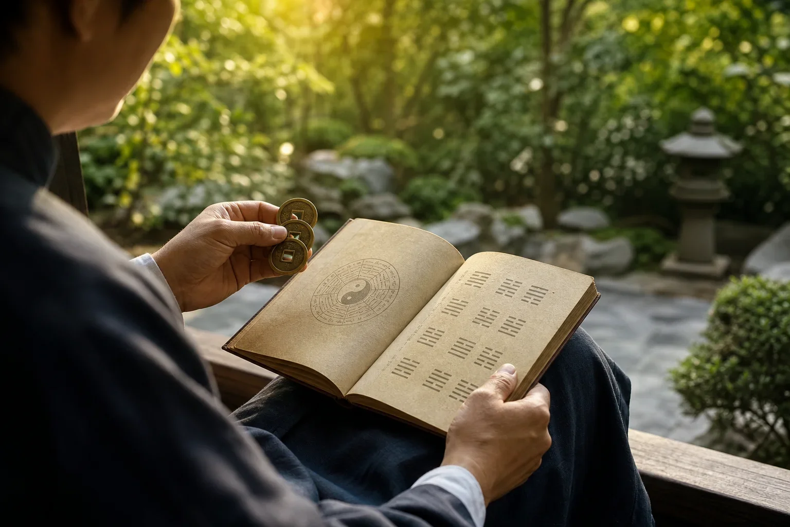 在寧靜花園中翻閱易經書籍的冥想時刻,手中握著卦象與古老智慧的連結
