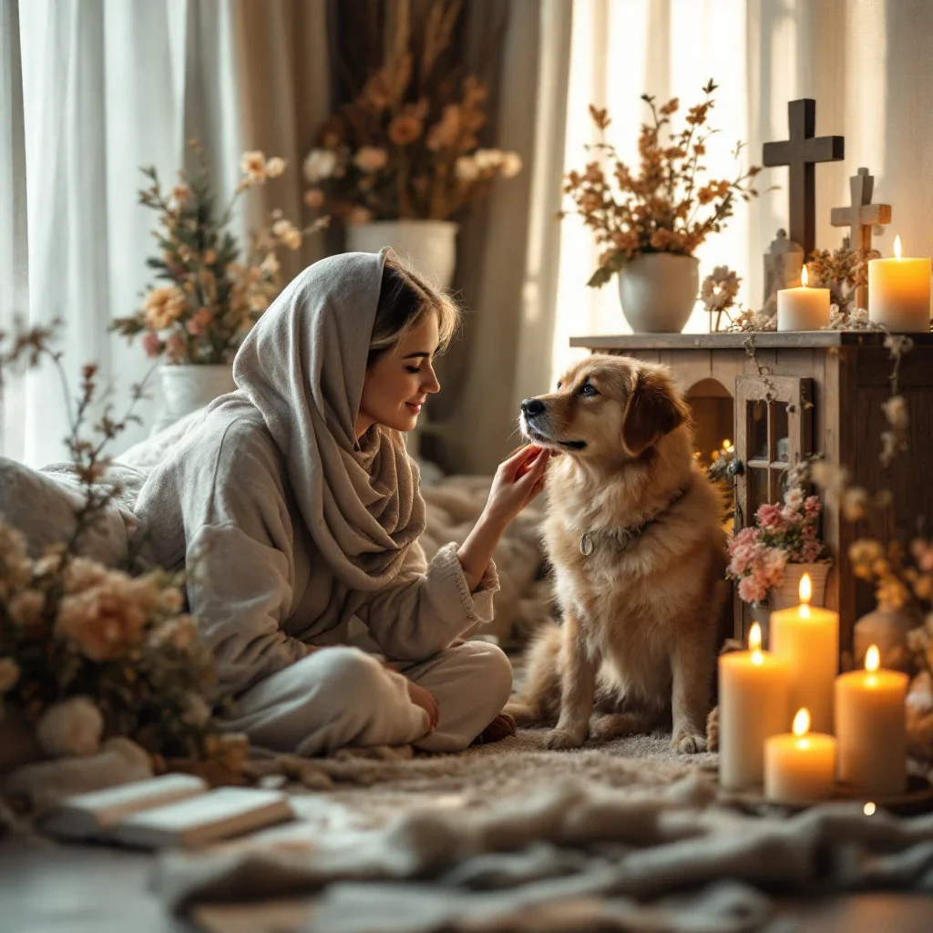 寵物主人在小型寵物殯葬 altar 前輕撫寵物,營造出溫暖的告別氛圍