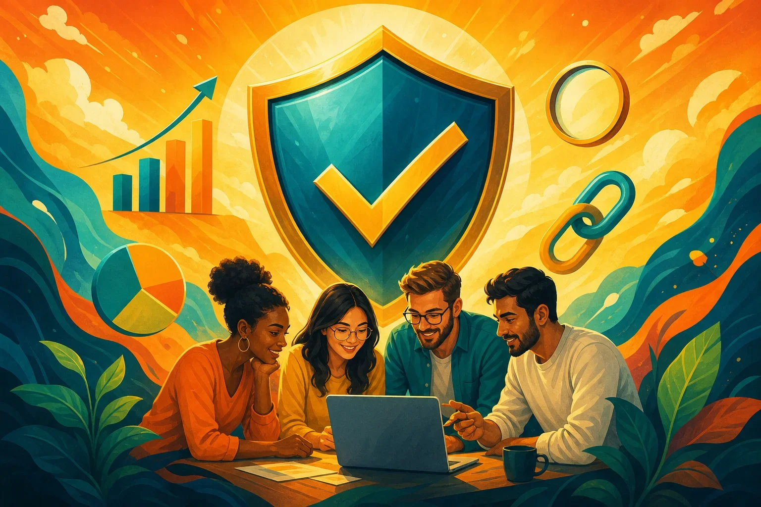 專業團隊在筆記本電腦上合作，象徵著提升網站權威性的方法