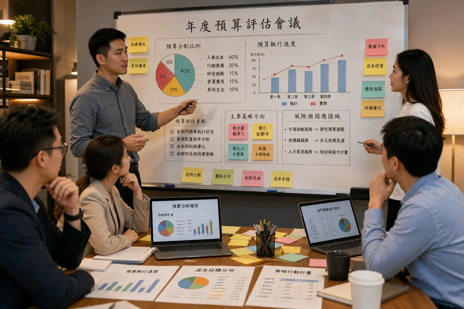 SEO工具選擇:專業團隊在會議中討論預算評估,白板上展示預算細分和圖表