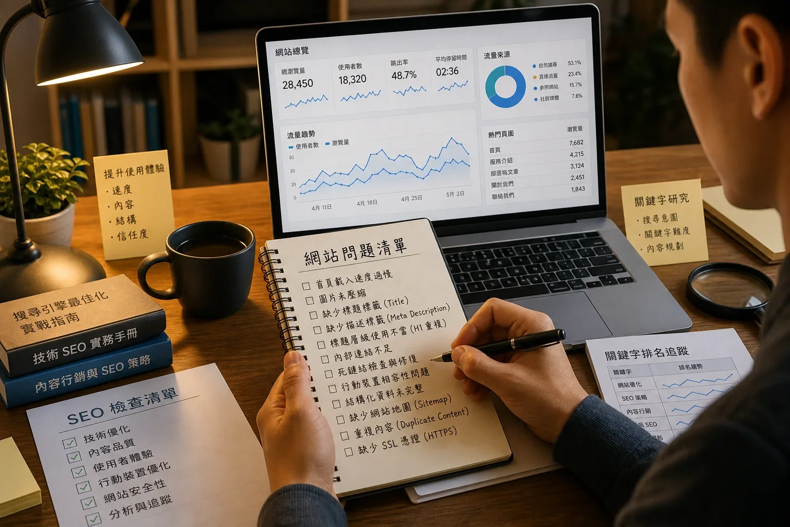 專注個體在筆記本上記錄網站分析工具選擇的問題，背景有SEO資源