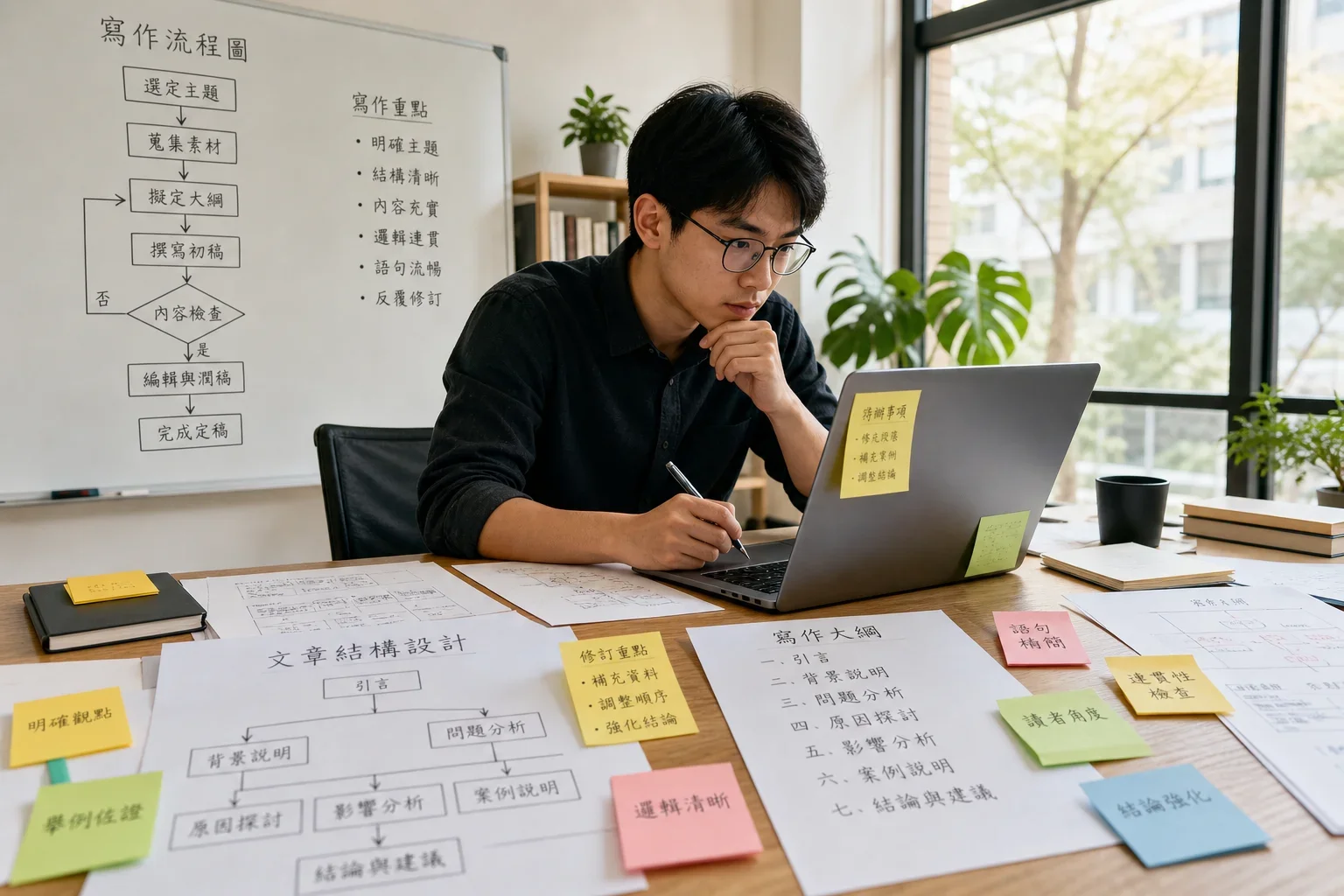 專注於分析SEO寫作工具選擇的工作人員，桌上散落著流程圖和筆記