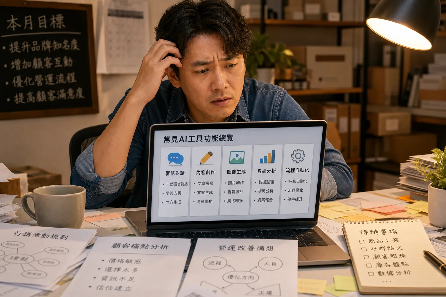 中小企業AI工具推薦:小企業主在雜亂的桌面上查看AI工具列表,困惑的表情與筆記本和咖啡杯相伴