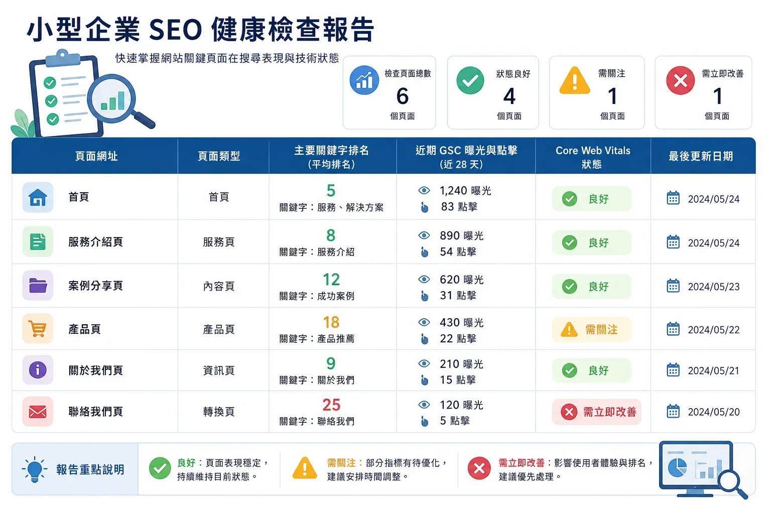小企業網站健康檢查報告的六欄數據表,顯示頁面網址、類型、關鍵字排名等指標