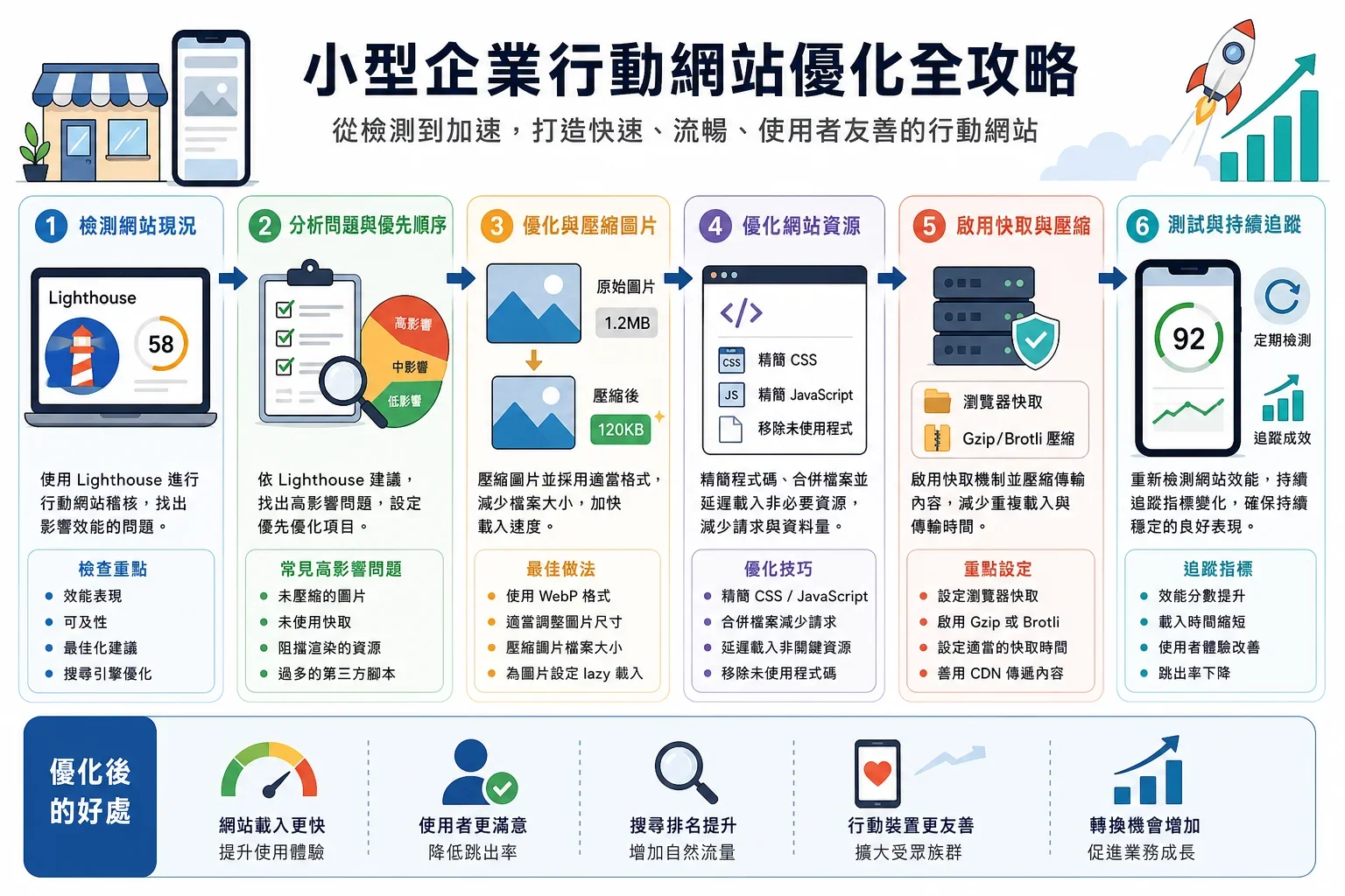 展示小型企業SEO策略的行動步驟,包括使用Lighthouse進行審核、壓縮圖片和改善加載速度