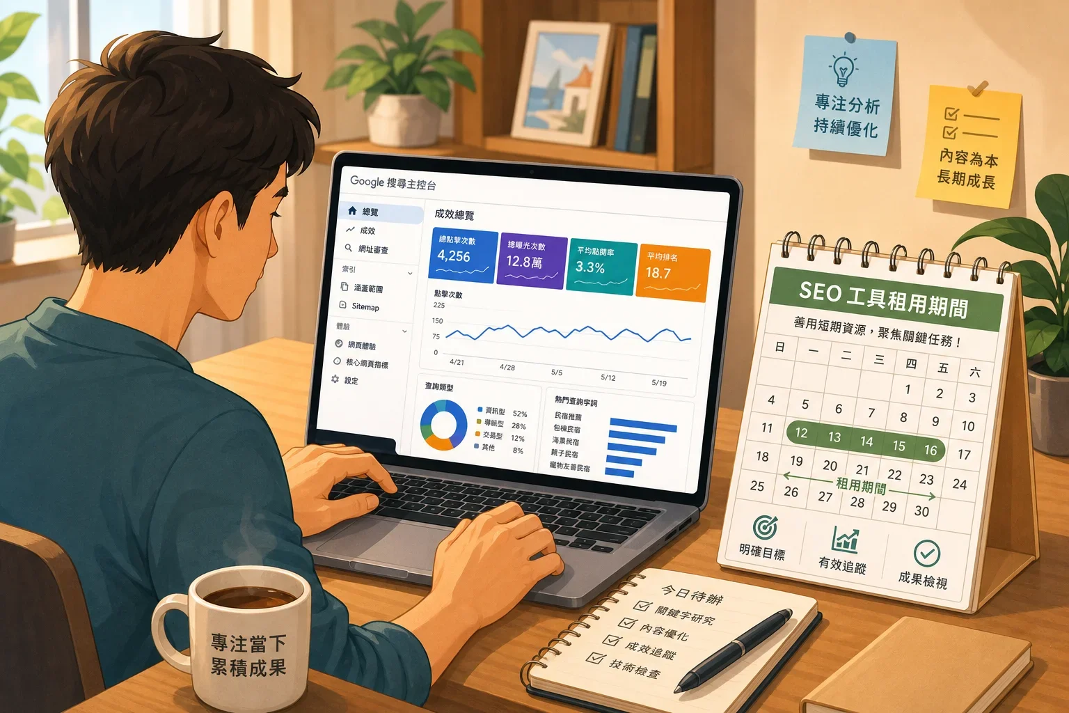 小型企業主在溫馨的工作環境中使用筆記型電腦分析 Google Search Console 數據，強調 SEO 工具推薦的實用性