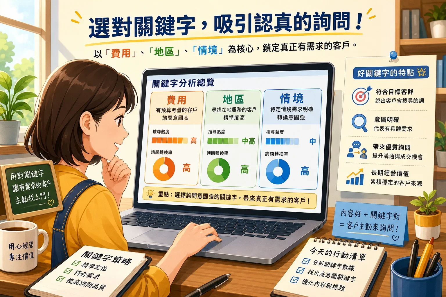 小型企業SEO策略：小型企業主在筆記型電腦上分析關鍵字數據，重視「費用」、「地區」和「情境」的選擇