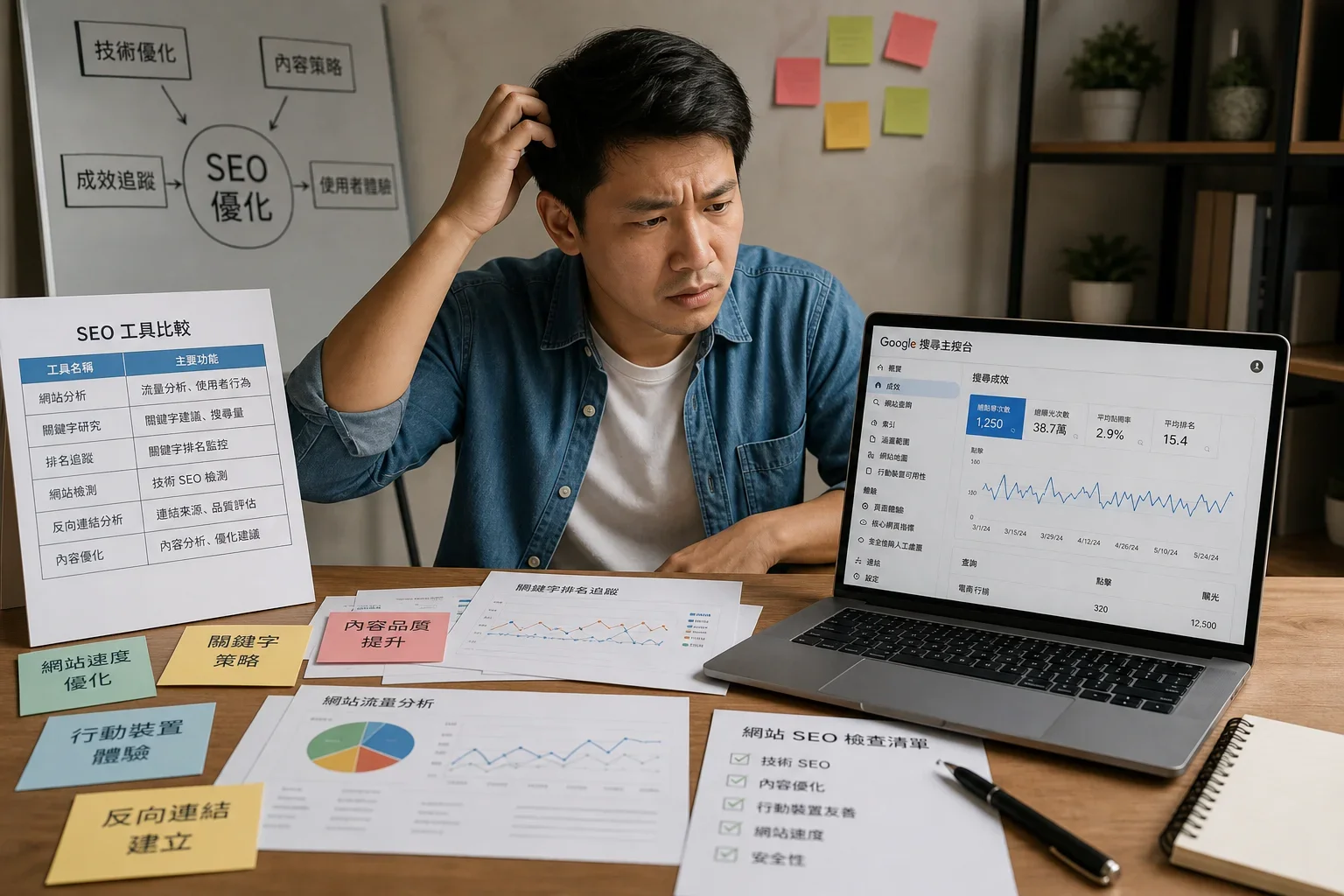 如何評估 SEO 工具:小型企業主在桌上困惑地查看各種SEO工具和文件,筆記本電腦上顯示Google Search Console