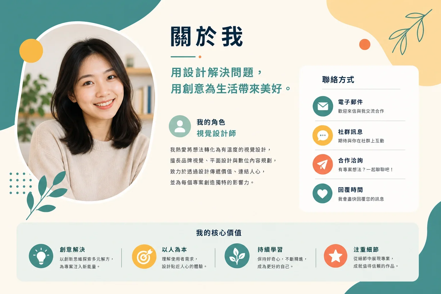 展示針對小型網站的 EEAT 實施指南的關於頁設計,包含主理人照片和聯絡資訊