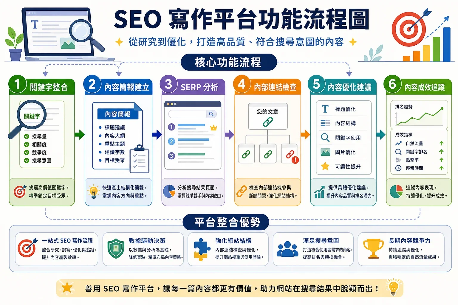 展示AI寫作工具優缺點分析的流程圖,包含關鍵字整合與內容優化步驟