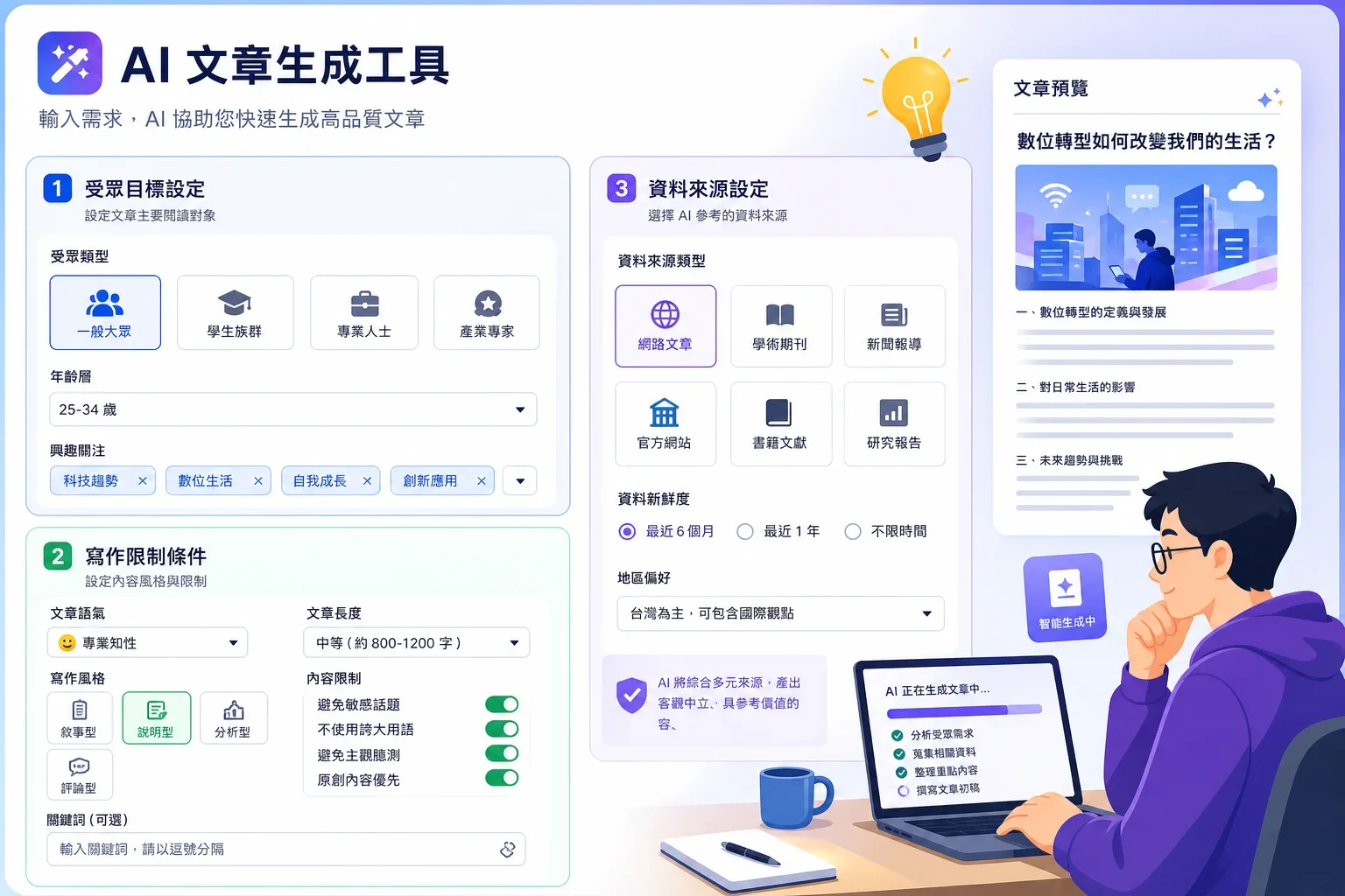 AI文章生成工具推薦:展示AI文章生成工具界面的互動選項與現代設計,涵蓋關鍵字研究與內容結構