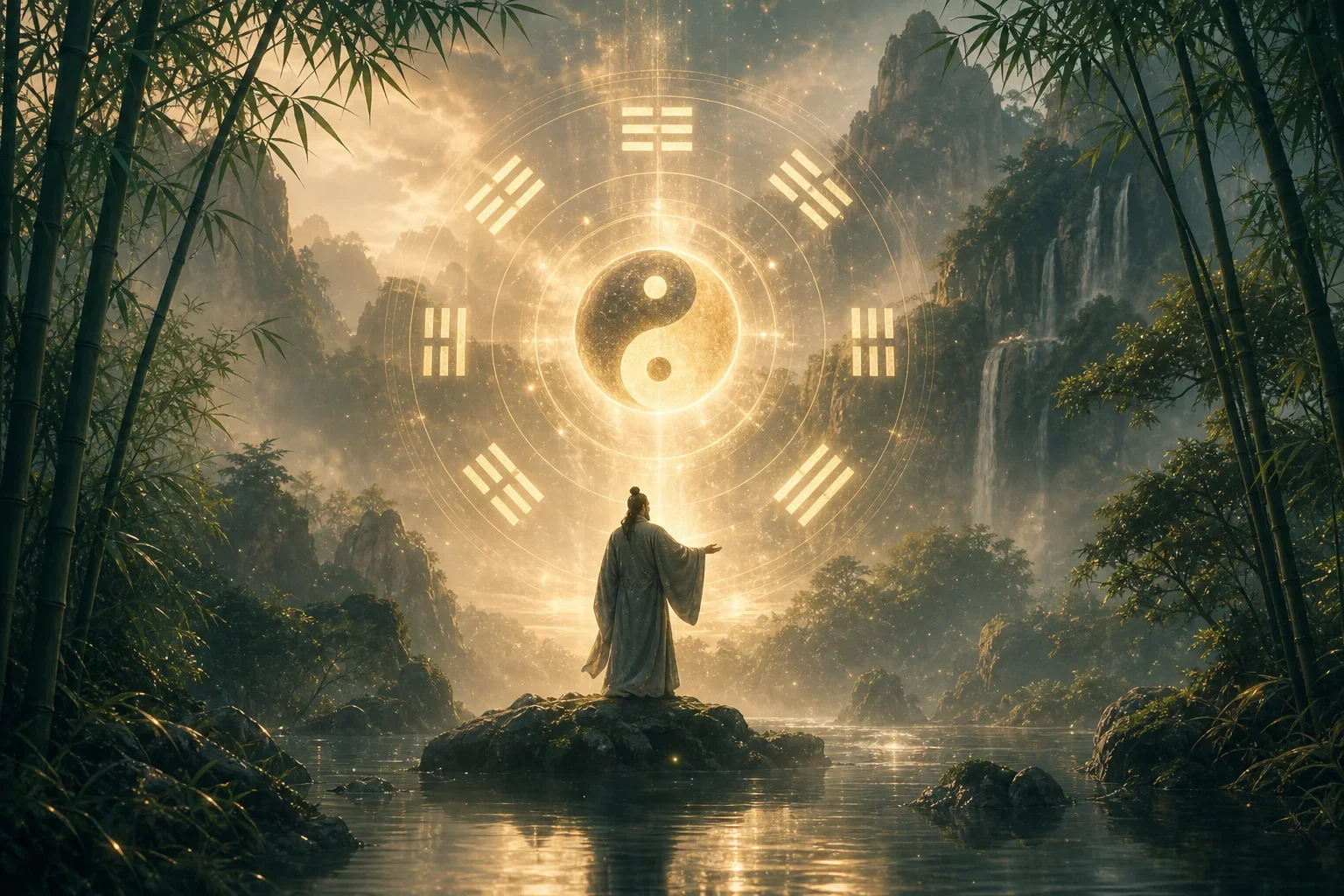 柔和光線下懸浮的易經卦象，象徵著易經卜卦準嗎的智慧與指引