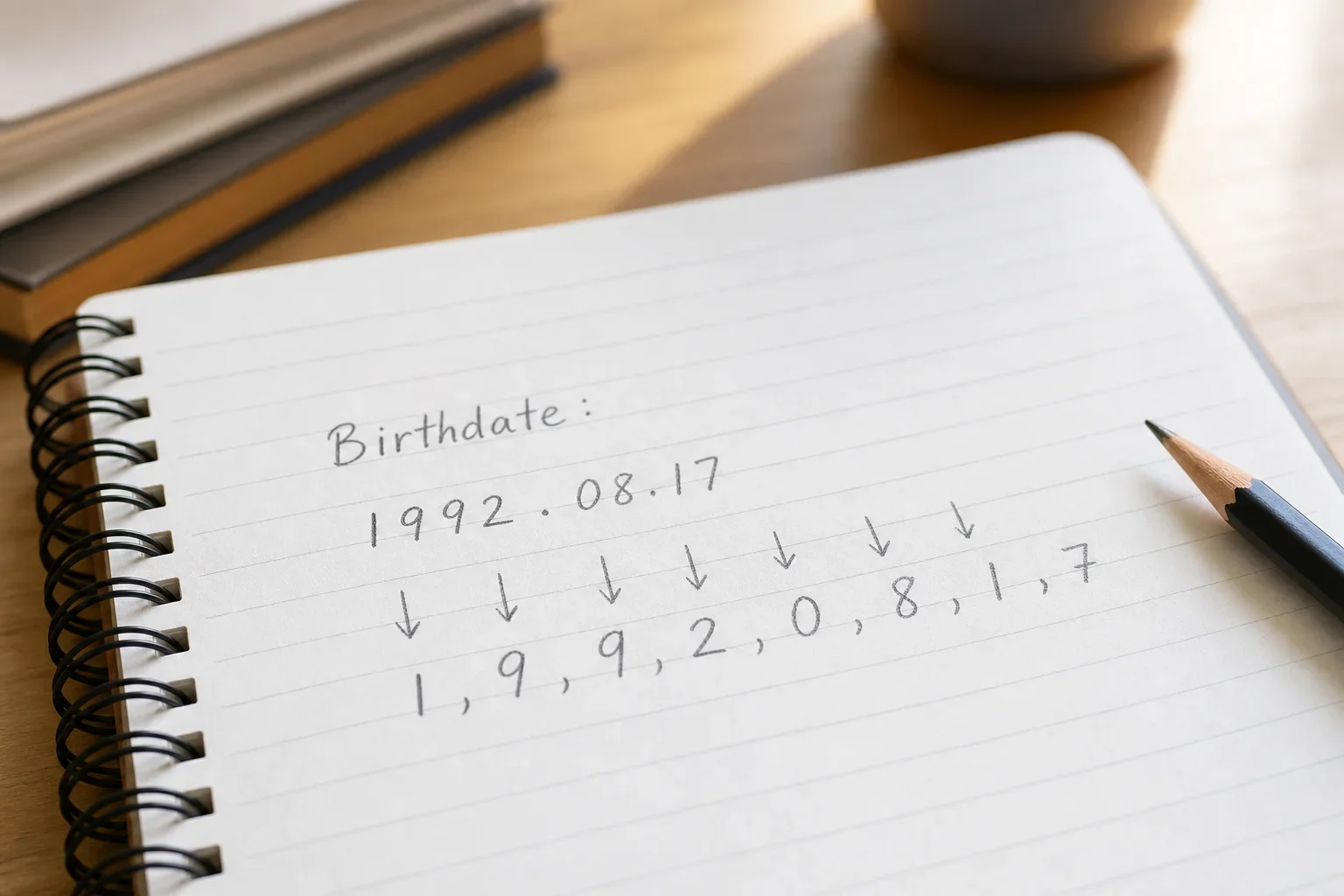 手寫生日數字分解過程與鉛筆在柔和自然光下的學習氛圍