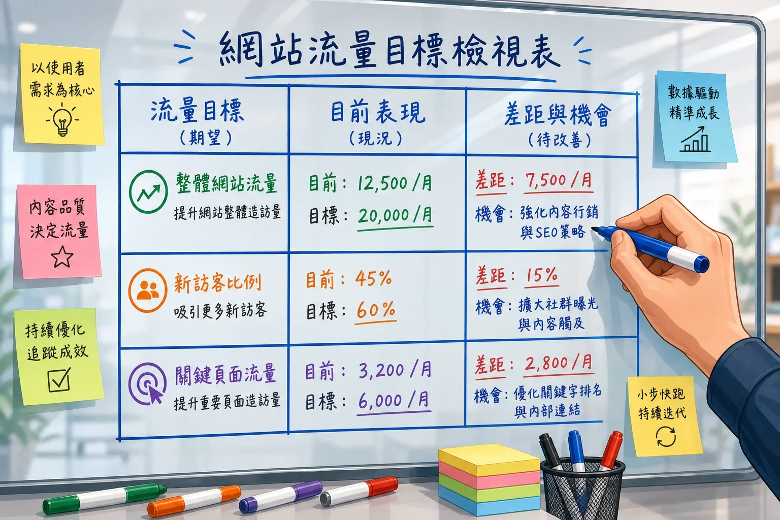 提升網站流量的方法:在透明玻璃板上書寫的手,展示網站流量目標、當前表現與差距的三欄表格