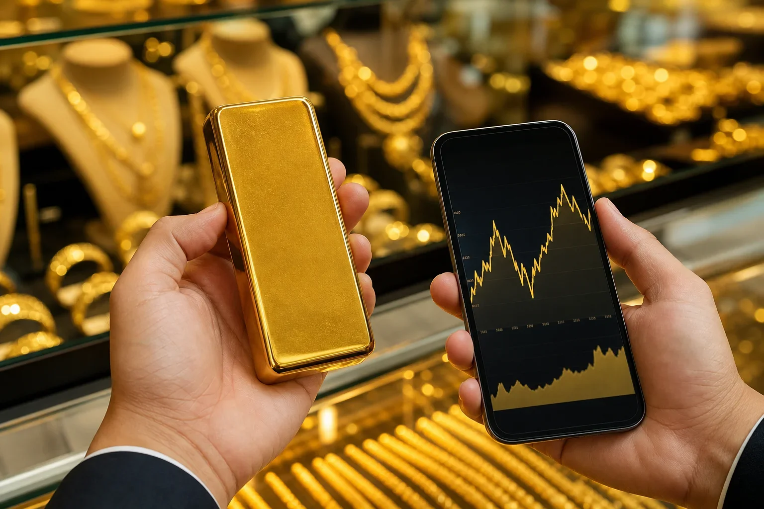 手握金條與顯示黃金金條回收誤區的手機螢幕