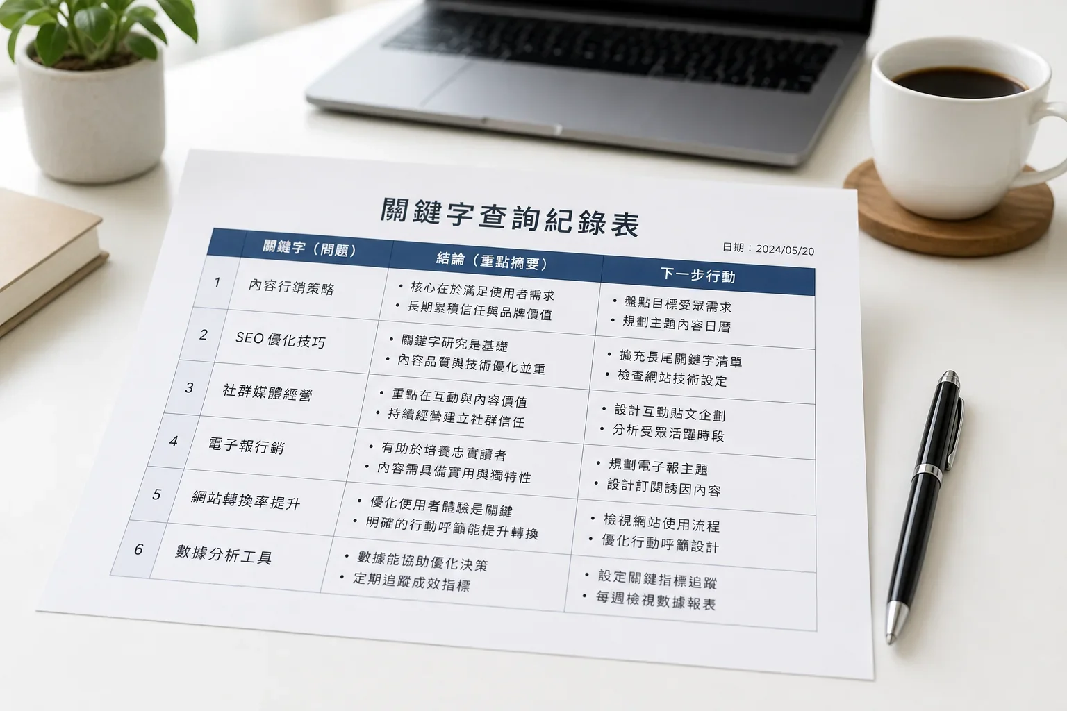 整齊的關鍵字查詢日誌，包含問題、結論和下一步，適合最佳關鍵字研究工具的使用