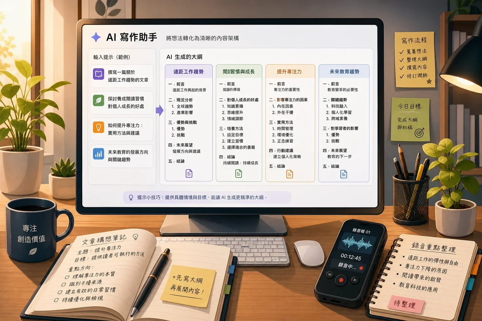 中小企業流量增長工具:在數位工作空間中使用 AI 寫作工具的電腦螢幕顯示多樣化的內容大綱,桌上有筆記和音頻錄音,營造出高效的工作氛圍