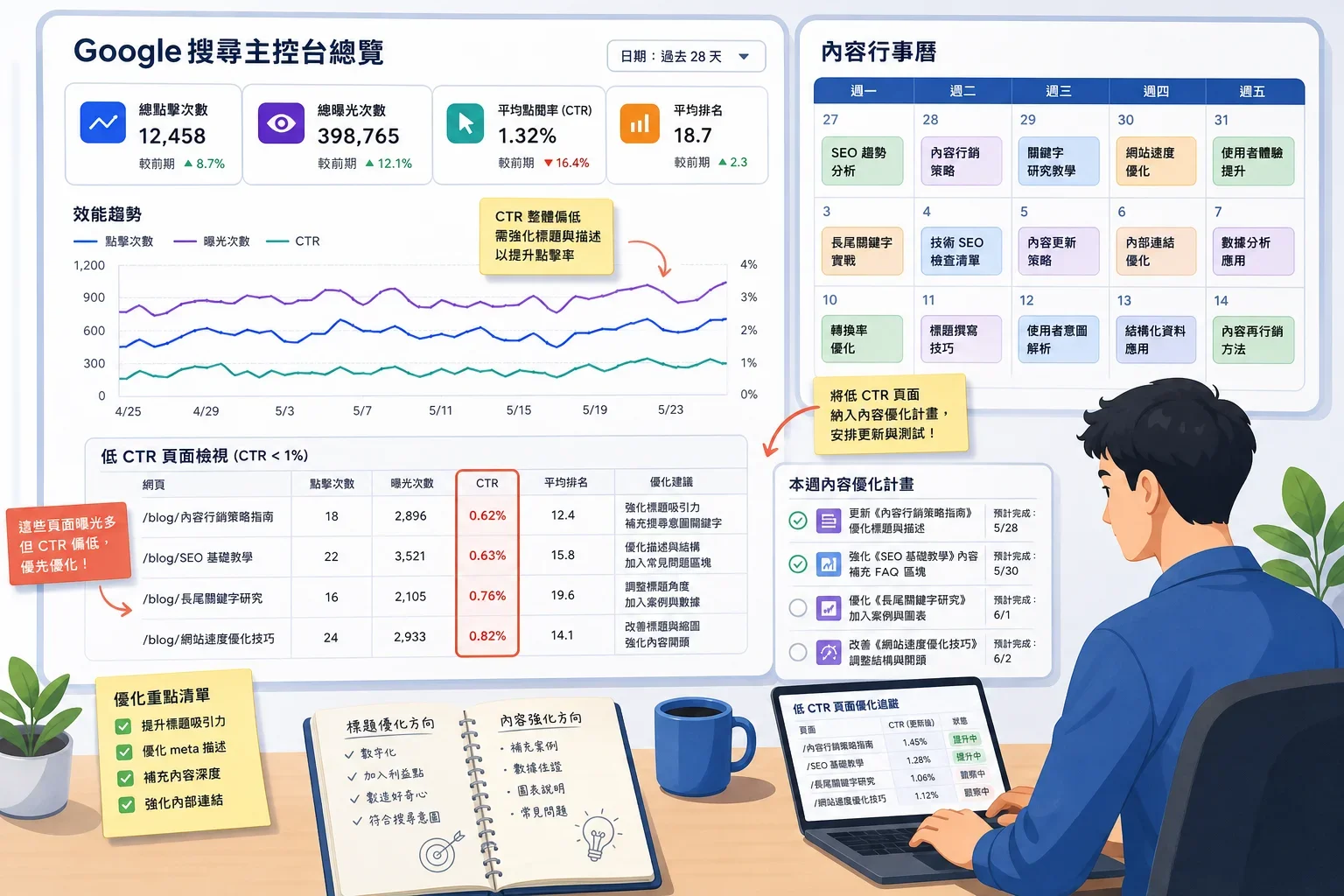網站流量提升技巧與案例分享:顯示Google搜尋控制台數據與內容日曆的數位工作空間,分析低CTR頁面