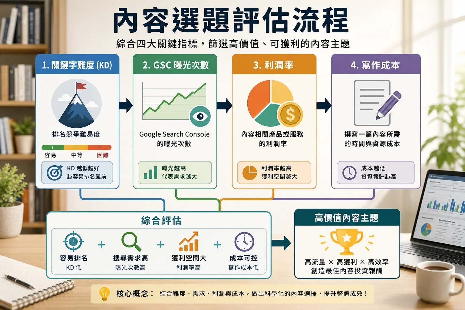 如何評估 SEO 工具:在數位工作空間中展示關鍵字難度、GSC 曝光、毛利與撰稿成本的資訊圖表