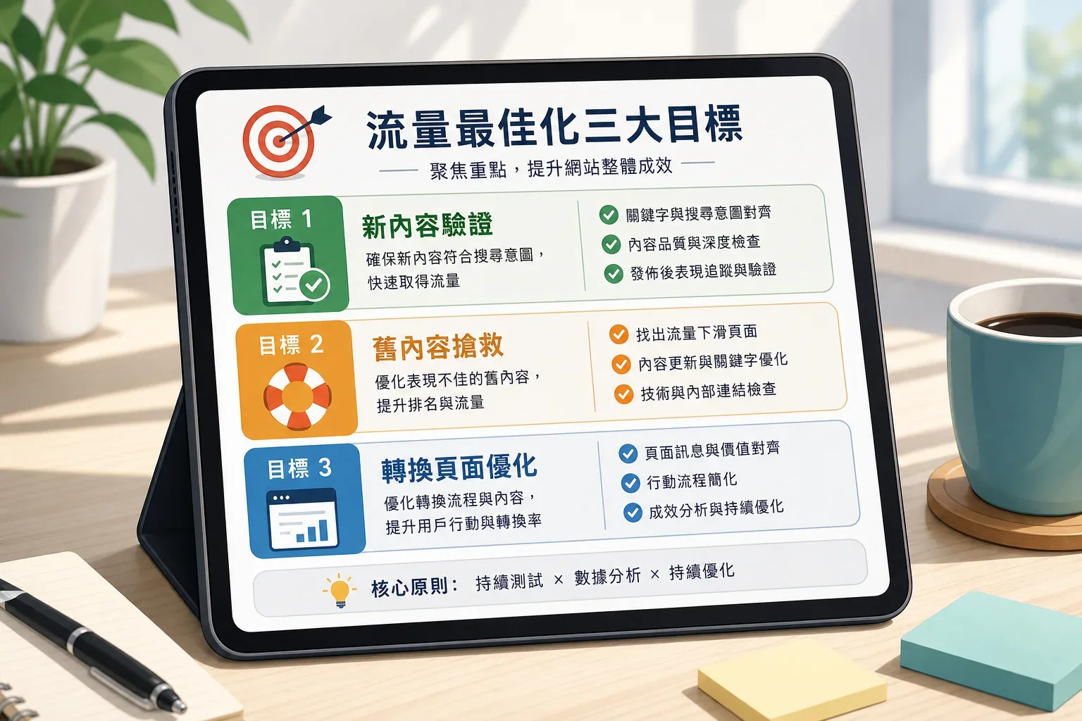 在數位平板上展示的清單，設置網站流量提升技巧與案例分享的三個主要目標