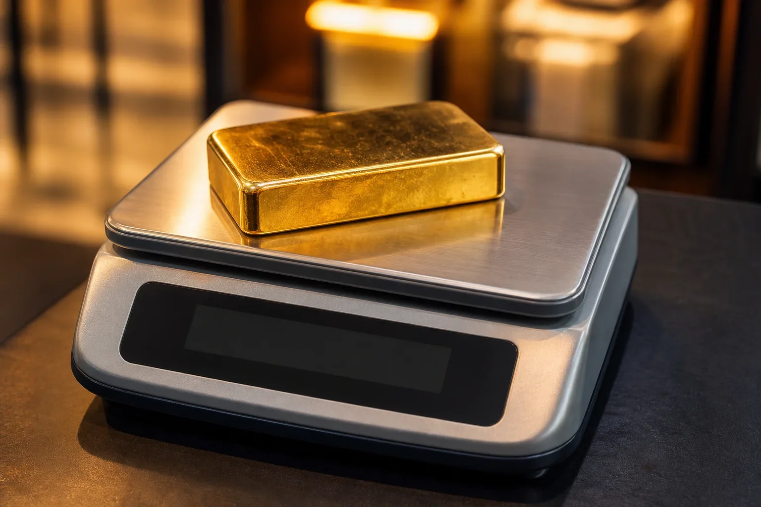 在數位秤上稱量黃金金條的專注畫面，顯示交易安全的重要性