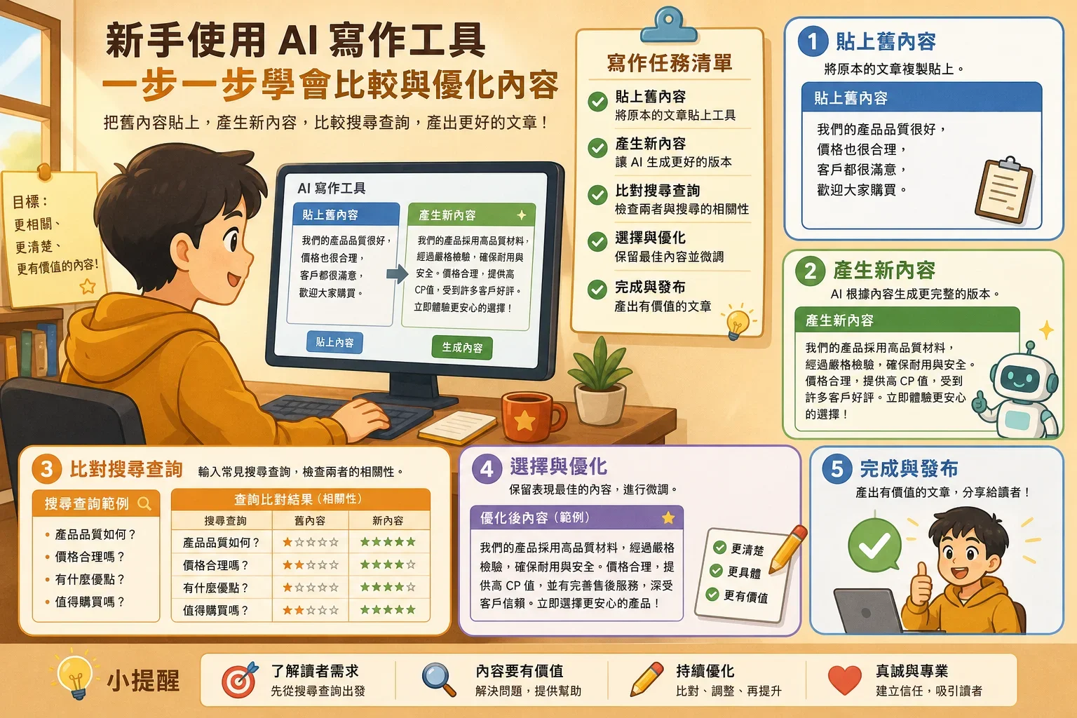 最佳AI寫作工具比較：新手使用AI寫作工具的步驟示意，顯示舊內容粘貼及任務檢查清單