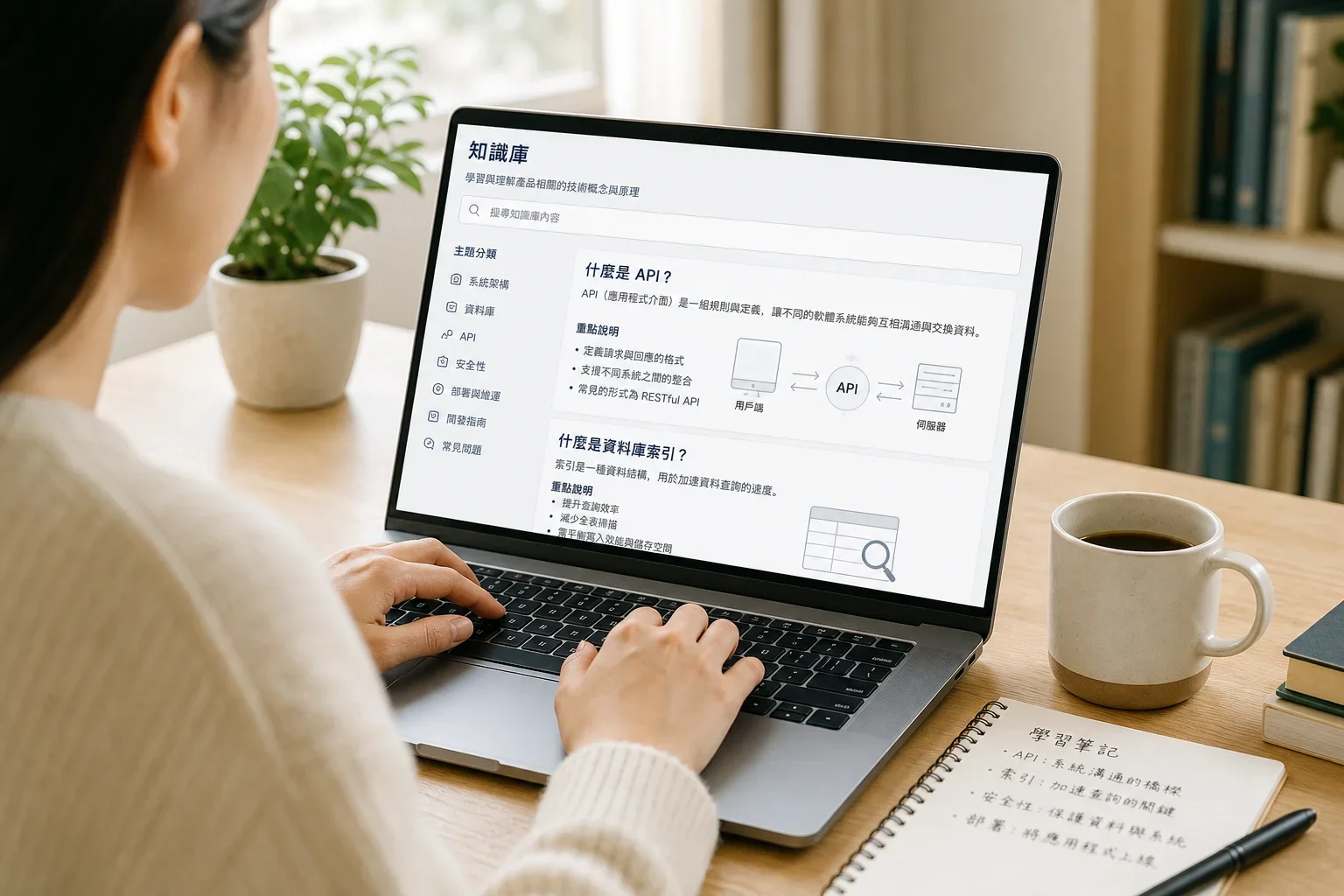 在明亮的辦公室環境中,使用者在筆記本電腦上互動,螢幕上顯示技術術語的知識庫,強調內容行銷成功故事的友好學習體驗