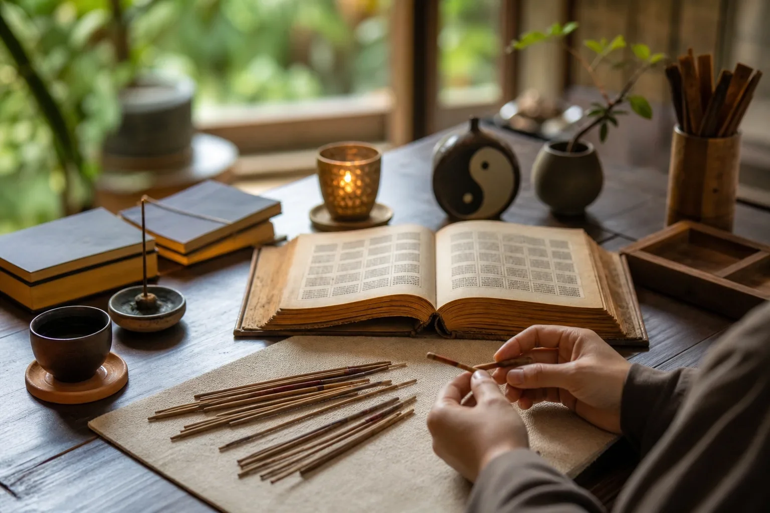 在寧靜工作環境中運用易經卜卦的持續應用，結合書籍與蓍草象徵個人成長