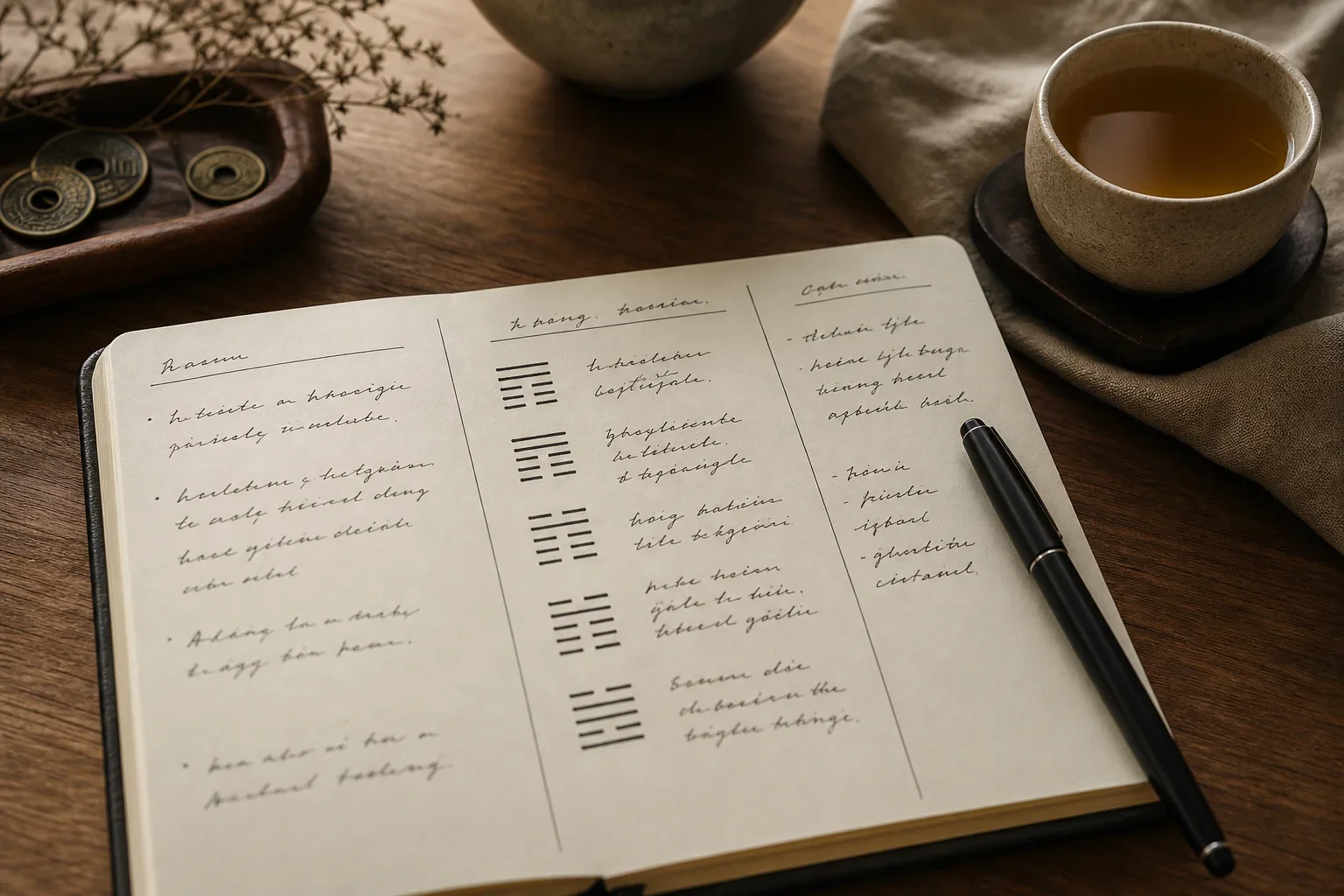 在木桌上書寫的易經卜卦準嗎筆記，清晰的三欄結構與手寫筆記