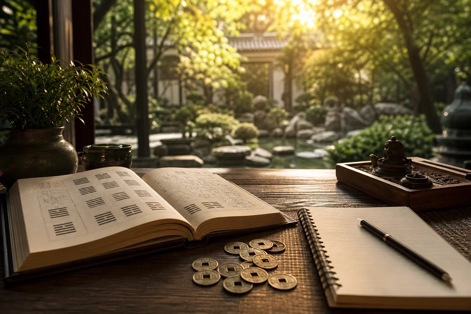 在陽光下易經卜卦的實際應用中,書本、銅錢和筆記本構成的靜謐氛圍