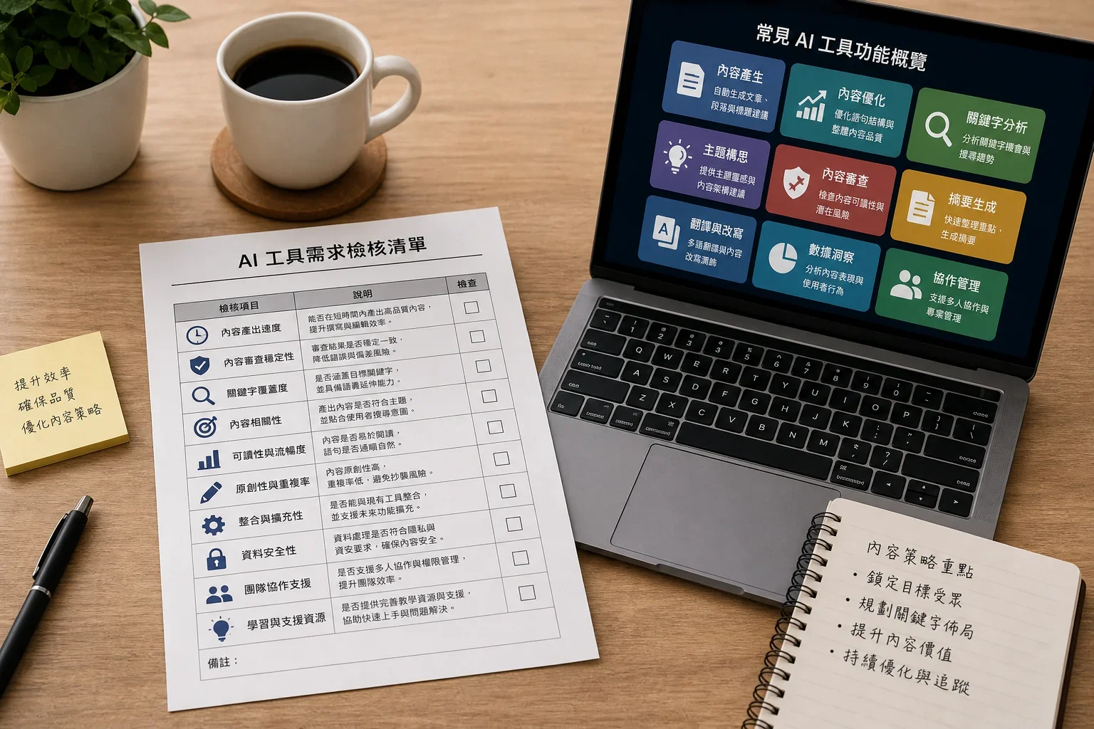 在木桌上列出AI工具需求清單，顯示最佳AI工具推薦的關鍵項目
