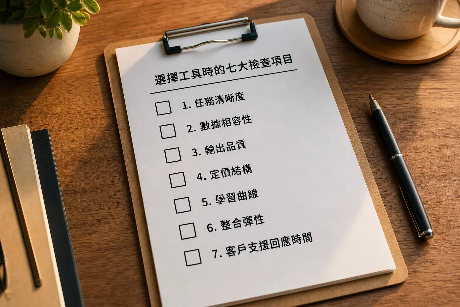 在木桌上清晰列出七個問題的檢查清單,幫助評估如何避免選擇錯誤的AI工具