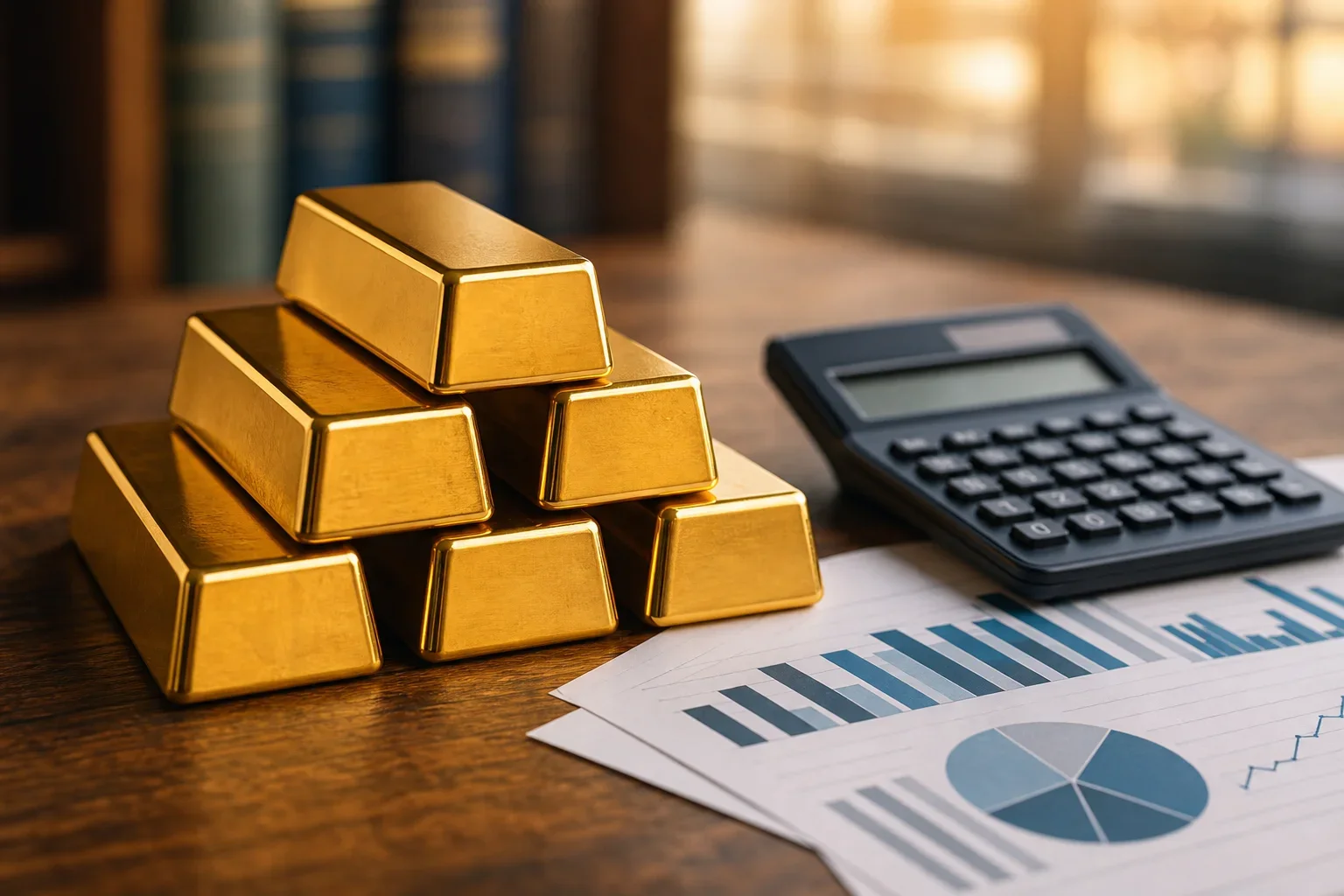 木桌上堆疊的金條與計算機和財務文件象徵黃金金條流動性風險