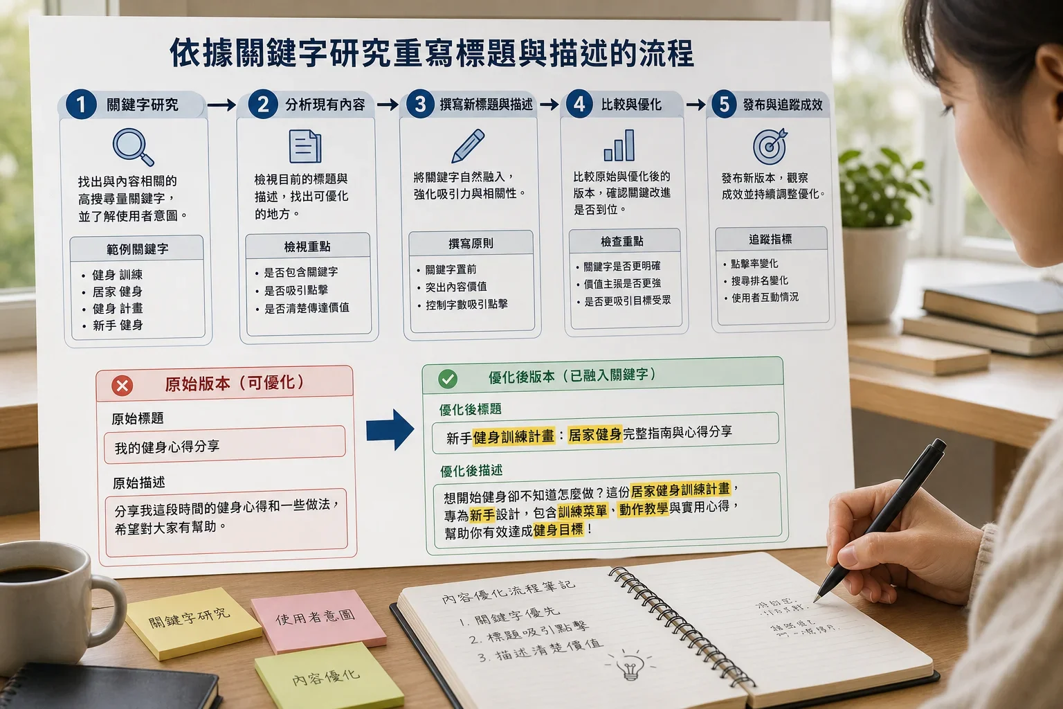特定行業關鍵字研究：展示如何根據關鍵字研究重寫標題和摘要的流程圖