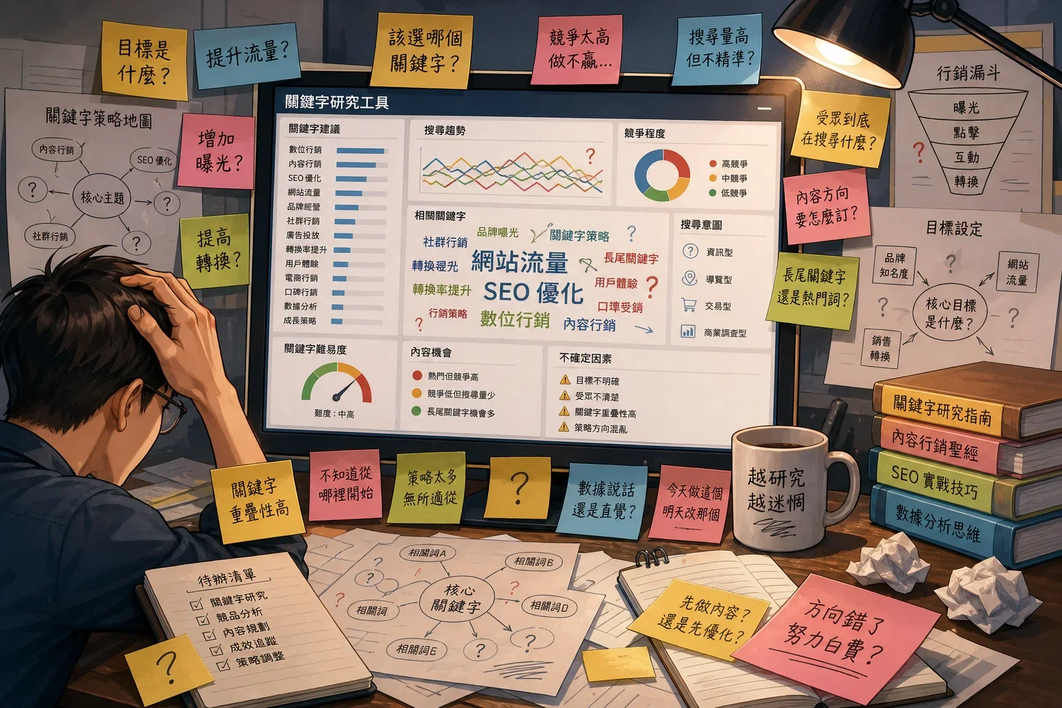桌面上散落的便條紙和關鍵字顯示特定行業關鍵字研究的混亂