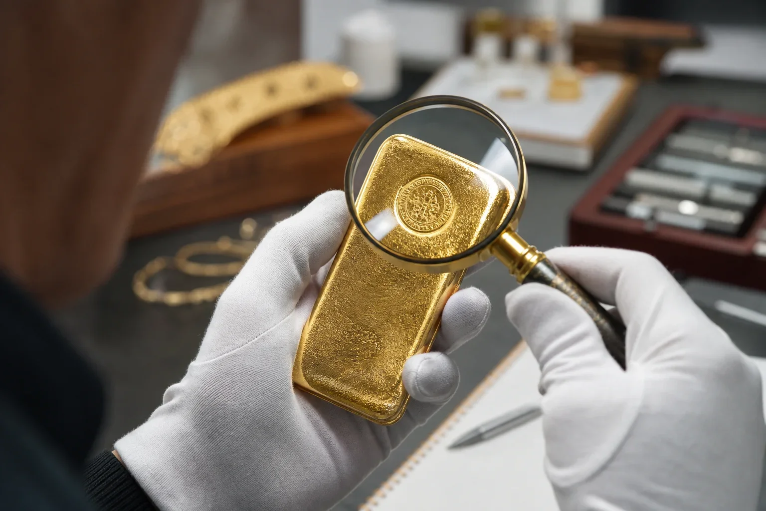 檢查金條上的印章和序號的過程中，展示黃金條塊購買技巧