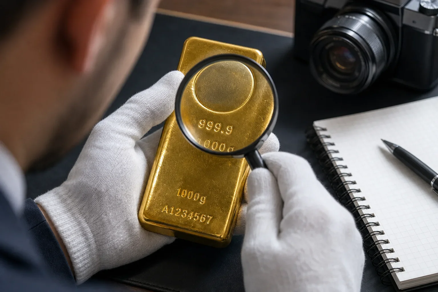 使用放大鏡檢查黃金金條的序號和重量