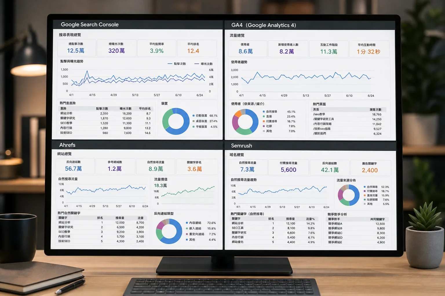 在現代辦公環境中比較 Google Search Console、GA4、Ahrefs 和 Semrush 的儀表板，展示如何評估 SEO 工具