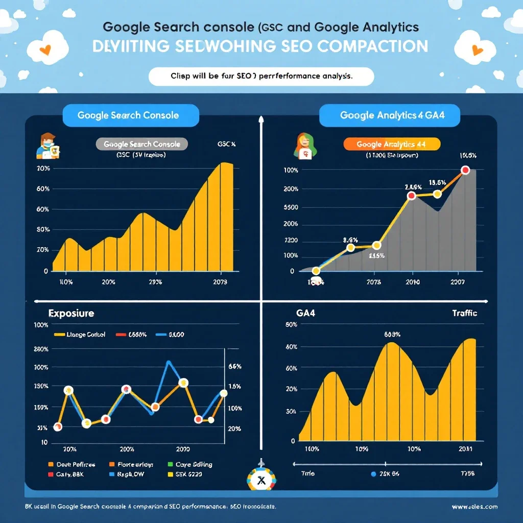 比較Google Search Console與Google Analytics 4數據的資訊圖,顯示SEO錯誤與流量趨勢