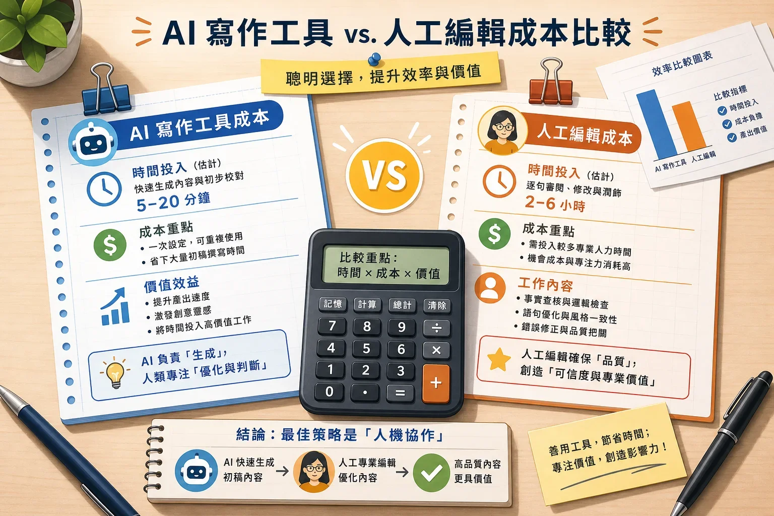 AI寫作工具優缺點分析:比較AI寫作工具與人工編輯成本的插圖,包含計算機、紙條和圖表