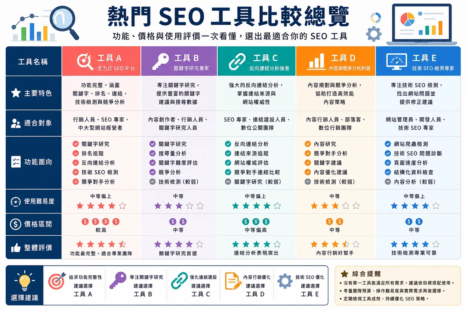 針對小型企業的SEO健檢報告指南:比較多款SEO工具的特點、價格與用戶評價的資訊圖表