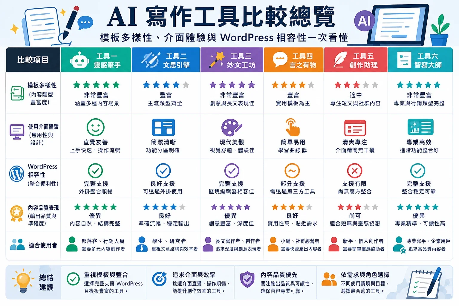 比較不同AI寫作工具的特點與功能，選擇AI寫作工具的參考依據