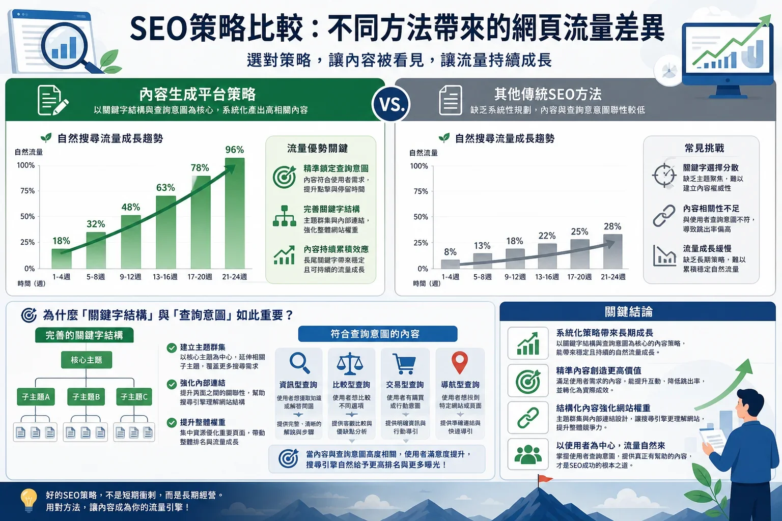 比較不同SEO策略下網頁流量的資訊圖，顯示內容生成平台的優勢