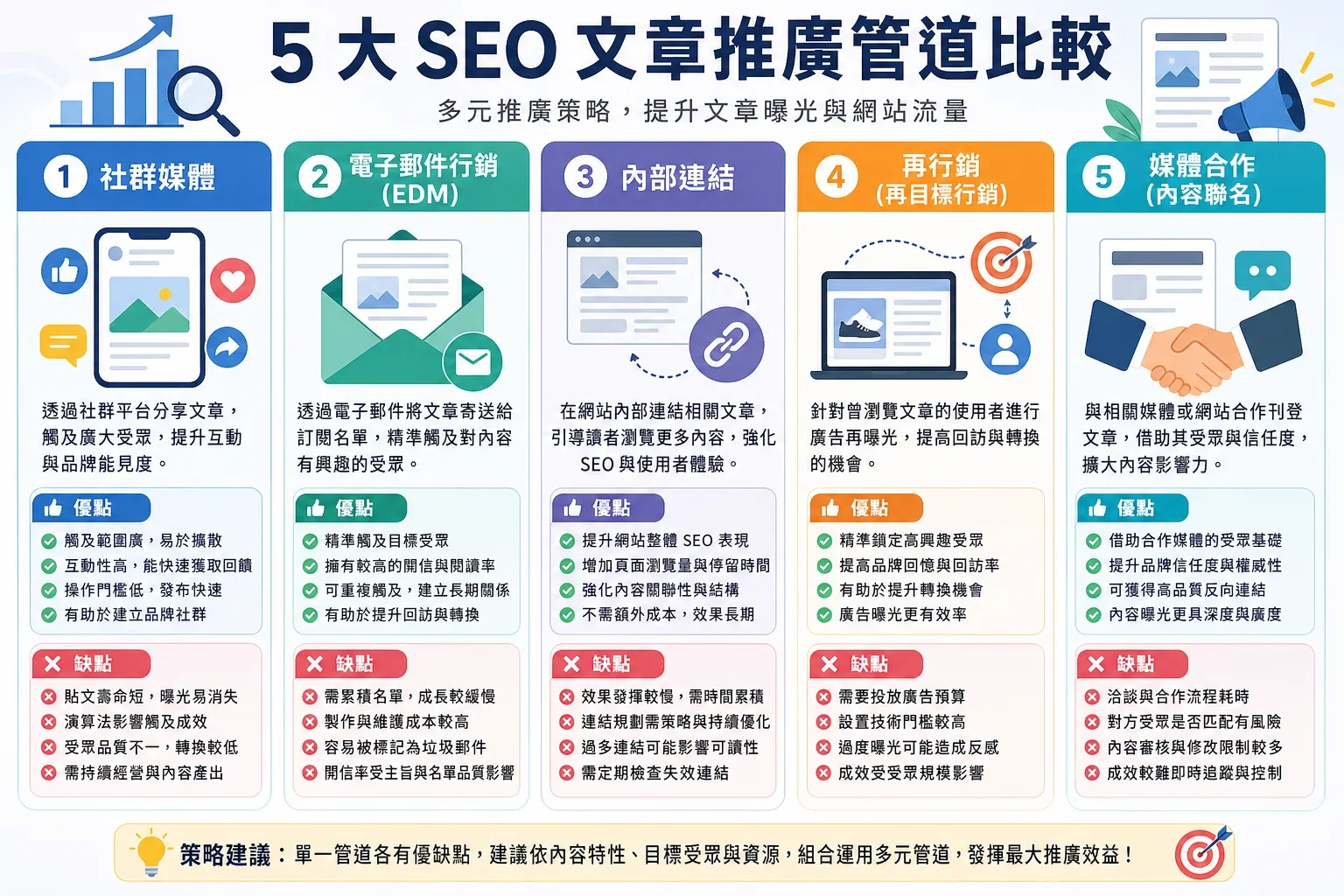 SEO 文章推廣渠道：比較五種不同的SEO文章推廣渠道及其優缺點