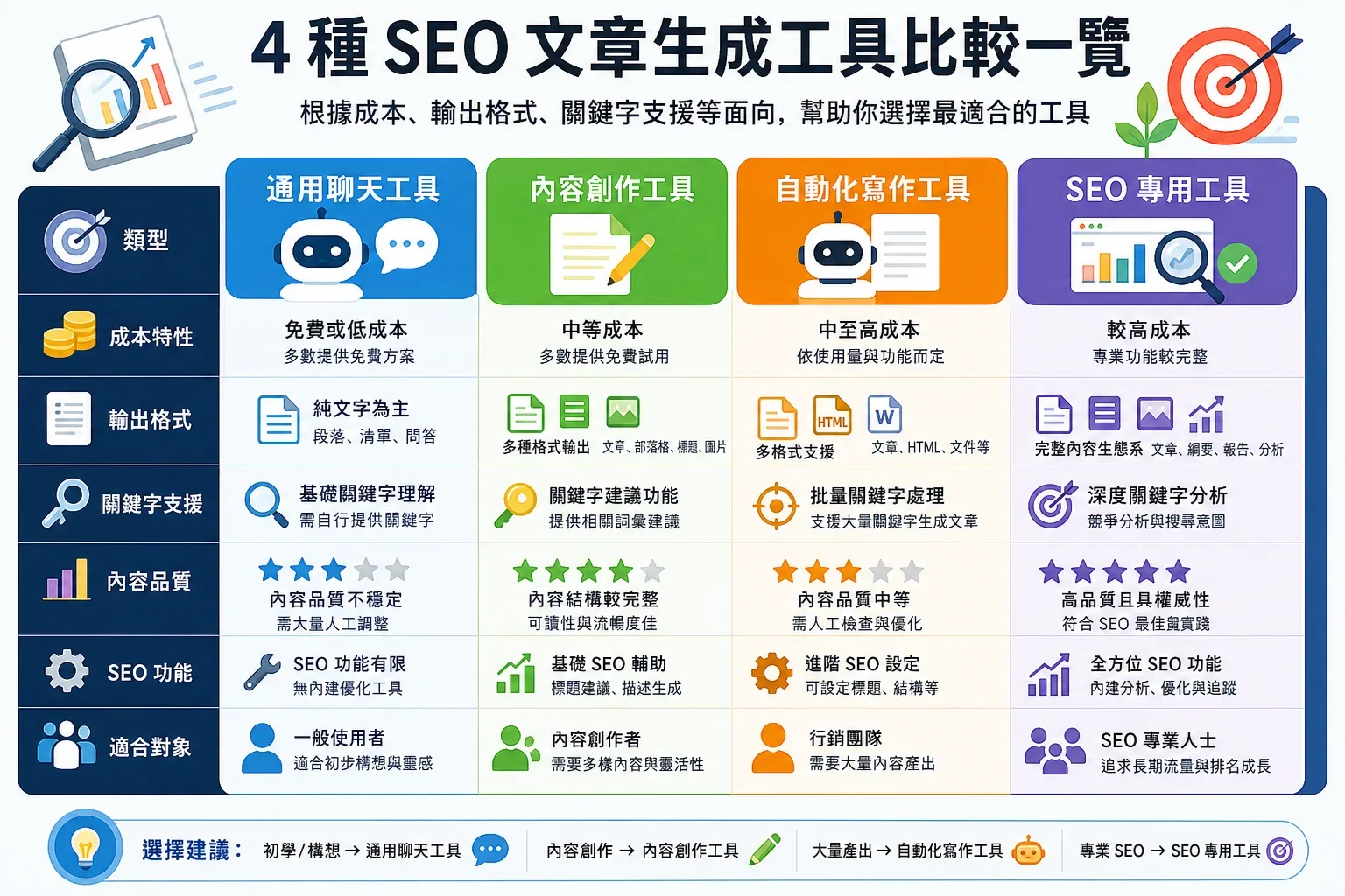 SEO 文章生成工具：比較通用聊天、內容創作、自動化寫作和SEO文章生成工具的特點