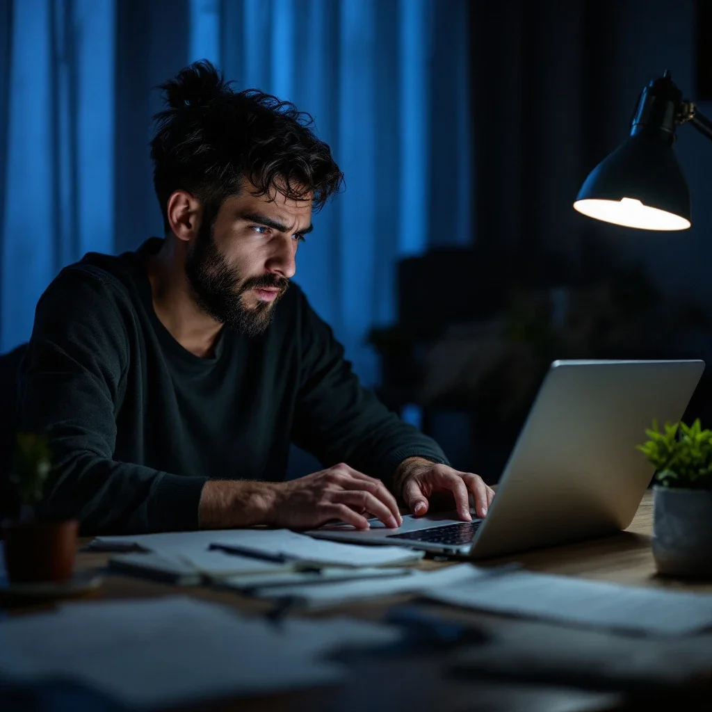 深夜桌前一人焦慮地使用筆記型電腦尋求AI提升諮商效果的情感支持